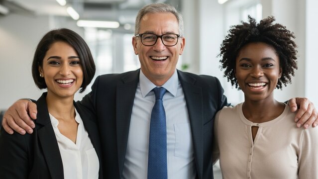 Coworkers in the office stand together in a tight circle, smiling and putting their arms around each other's shoulders.