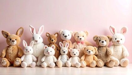A row of plush animal toys, various sizes, pastel colors, against a pink background