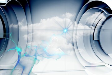 Cloud is glowing in portal with blue star light hovering blue-green wisps, framing metal rings