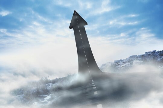 Fototapeta Surreal flat design showing rising asphalt arrow road from rocky grass plateau under misty clouds