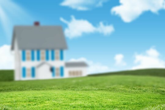 Fototapeta White two-story house with blue shutters and roof is standing in flat design on green lawn