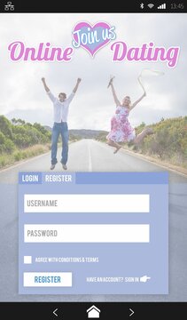 Flat design smartphone UI is showing couple jumping on rural road, with online dating form icons