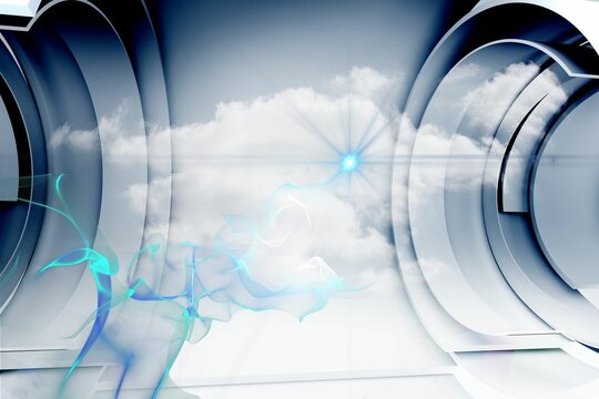 Fototapeta Cloud is glowing in portal with blue star light hovering blue-green wisps, framing metal rings