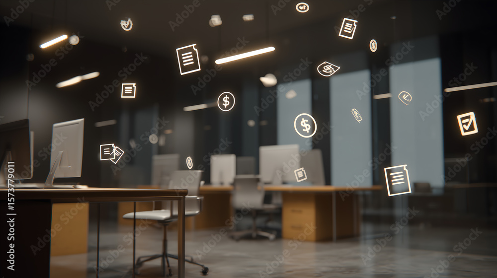 Poster a modern office space showcasing digital elements with floating icons, symbolizing innovation and te