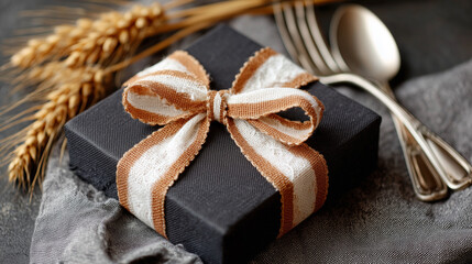 Rustic Gift Presentation Featuring Wheat, Silverware, and Neutral Toned Decorative Ribbon