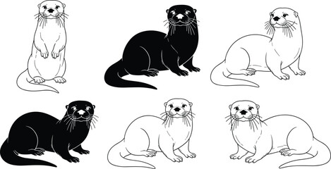 Otter illustration set, six poses, black and white color style, vector animal drawing, whiskered face detail, wildlife sketch, nature-themed content, educational material