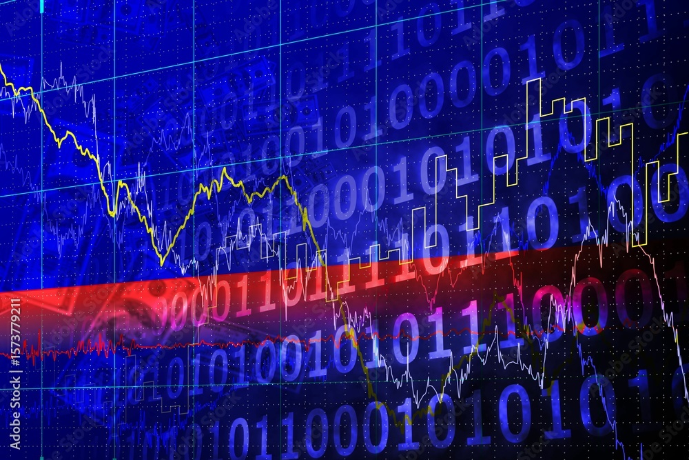 Poster market visual is showing in flat design with colored bands, binary code, line charts, bar charts