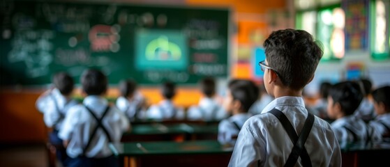 A classroom scene featuring students attentively watching a presentation, with colorful educational materials in the background.