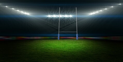 Flat design graphic is showing rugby goal post under floodlights on green turf with blurred banners © vectorfusionart