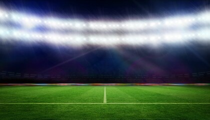 Fototapeta premium Stadium floodlights are lighting grass pitch in flat design with white centerline and stands