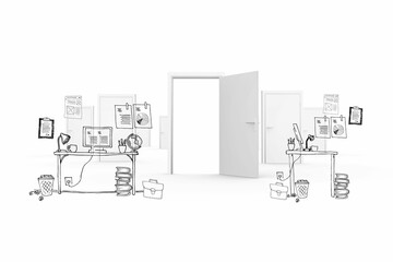 Naklejka premium Minimalist line-art office scene is depicting open doorway flanked by desks with lamps