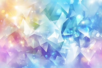 Holographic abstract background with iridescent crystal shapes, in pastel white and rainbow colors, with blurred edges for a dreamy effect.