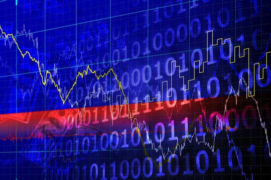 Market visual is showing in flat design with colored bands, binary code, line charts, bar charts
