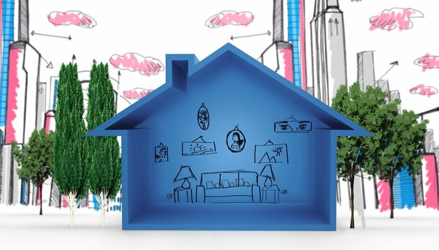 Fototapeta Blue house against trees and skyline