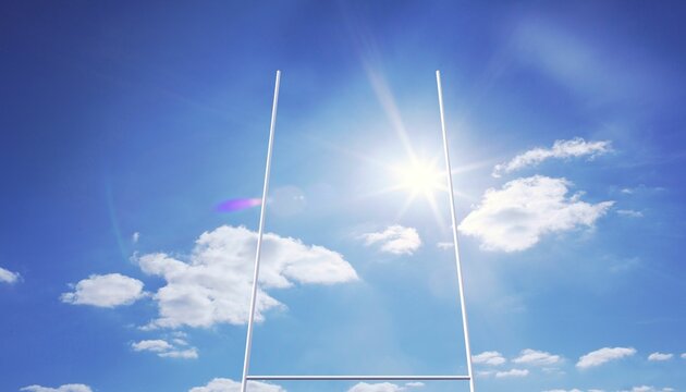 Fototapeta Flat design white goalpost is standing under bright blue sky with scattered clouds and sunburst