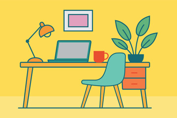 Illustration of a workspace with a laptop lamp plant mug chair and desk against a yellow background
