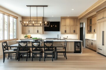 Minimalist kitchen with light wood cabinets, black dining table and chairs, flat-screen TV on the wall above the cabinets, warm lighting, neutral color palette, white walls