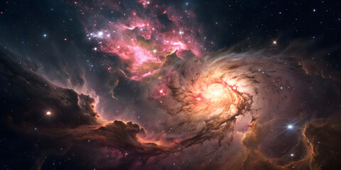 Obraz premium Vibrant pink and magenta nebula clouds spiral around bright central core, creating dynamic cosmic dance with surrounding stellar field and dust.