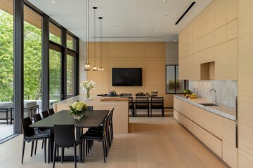 Minimalist kitchen with light wood cabinets, black dining table and chairs, flat-screen TV on the wall above the cabinets, warm lighting, neutral color palette, white walls
