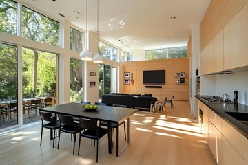 Minimalist kitchen with light wood cabinets, black dining table and chairs, flat-screen TV on the wall above the cabinets, warm lighting, neutral color palette, white walls