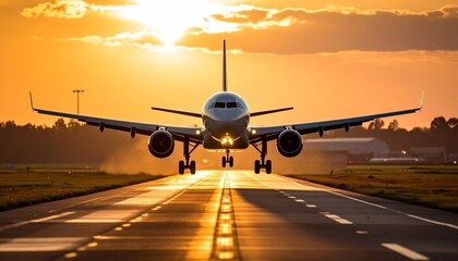 Naklejka premium Photo footage of an airplane landing at sunset, with the aircraft coming in for a smooth touchdown, bathed in golden or orange light from the setting sun