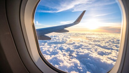 Photo footage of a commercial airplane cruising at high altitude, with a view from the airplane window showing the vast expanse of clouds below
