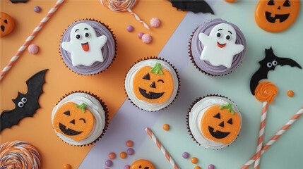 Cute Halloween cupcakes with pumpkin and ghost decorations on pastel background. Fun and colorful holiday treats perfect for party or celebration.
