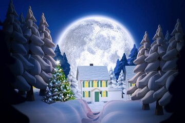 Flat design is featuring cottage with lighted Christmas tree under full moon in snowy pine forest