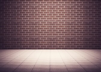3D render is showing empty room with grey tiled floor meeting reddish-brown brick wall, copy space