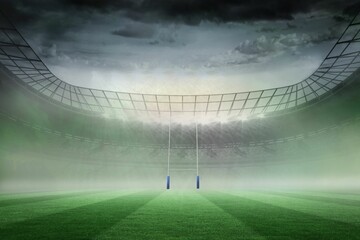 Rugby goalposts are standing on misty grass pitch in flat vector stadium with floodlights