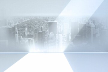 City skyline and park are showing through glass wall in flat design, highlighting geometric shadows