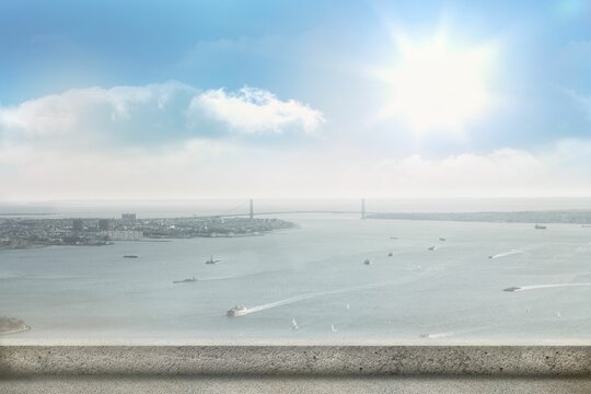 Harbor vessels are sailing across sunlit bay in flat design, framed by stone railing and bridge