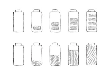 Hand-drawn battery level icon set.