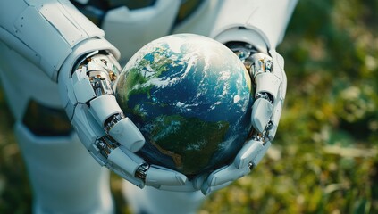 Hands in white robot armor holding the planet Earth with a green meadow background, symbolizing environmental protection and sustainability for World Wildlife Day.