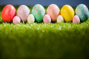Colorful Easter eggs on grass in yard © vectorfusionart