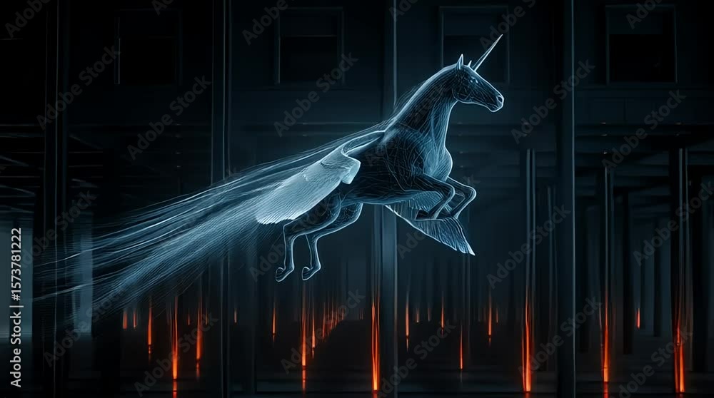 Canvas Prints unicorn soaring through a dark corridor with glowing pillars