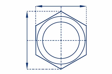 Hexagonal nut with bore is being shown in line drawing featuring dashed dimension lines, copy space
