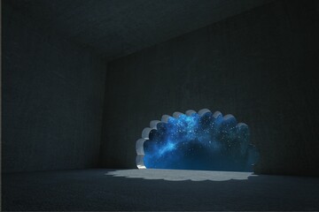 Flat design is showing scalloped portal revealing starry nebula in dark concrete chamber with glow