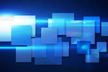Flat design showcasing overlapping translucent blue shapes with glowing streaks and lens flares
