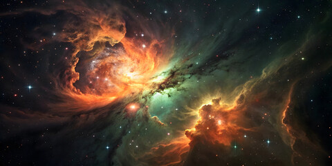 Fototapeta premium Intense nebula displaying fiery orange-red gases, emerald green clouds, bright central illumination, and dramatic cosmic dust lane structures.