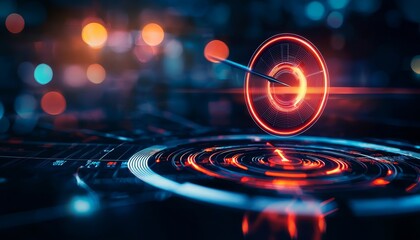 A futuristic design featuring glowing circles and lines with an illuminated target at the center, creating a high-tech visual aesthetic.