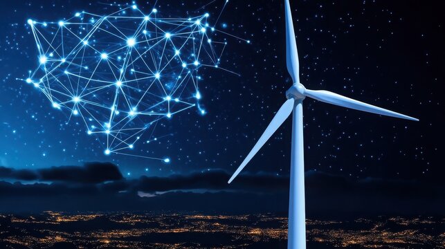 Wind Turbine at Night Against City Lights and Starry Network