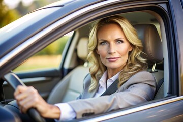 A woman in a business suit is driving a car