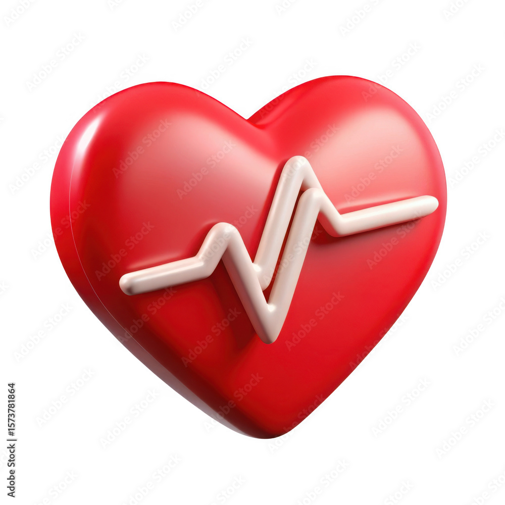 Poster 3d red heart with cardiogram line isolated on transparent background