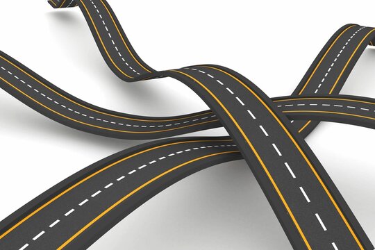 Fototapeta Twisting asphalt roads are showing white dashed lines and yellow edges in 3D, white backdrop