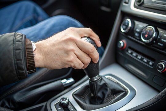 A man is driving a car and is adjusting the gear shift - Powered by Adobe