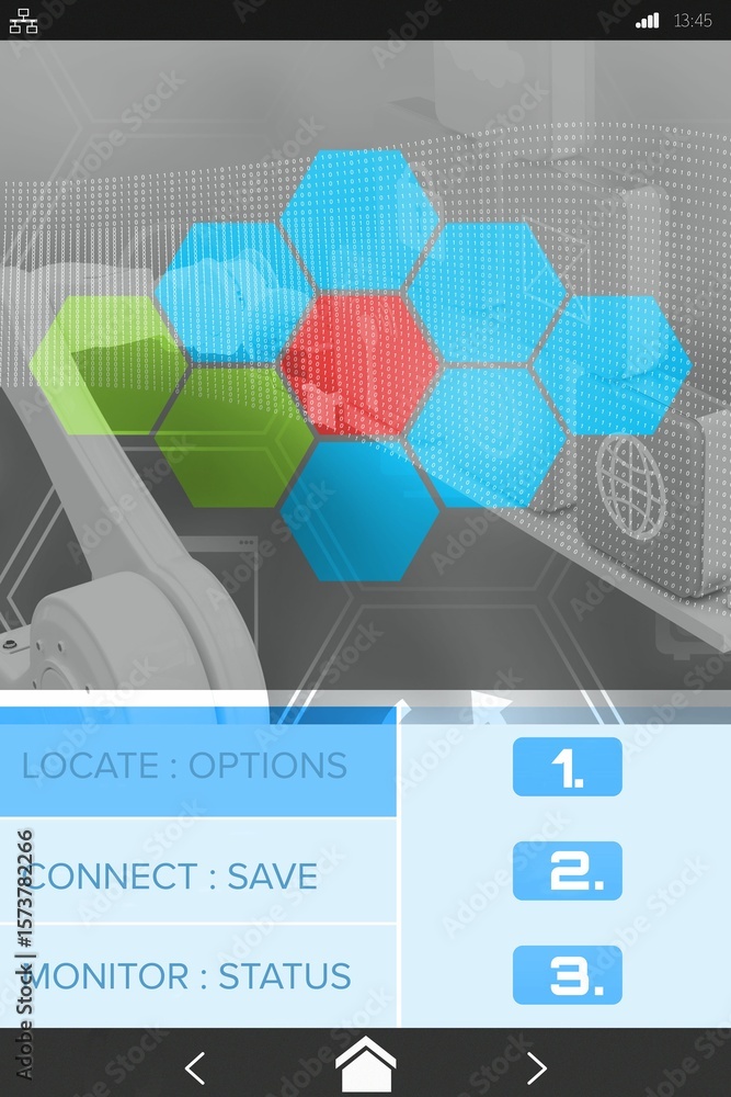 Aufkleber Digital composite image of hexagon shapes with text on screen