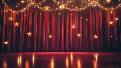 Red stage curtain with a spotlight background for an award ceremony or movie night. Realistic illustration of red velvet curtains on the theater stage with golden stars and lights.