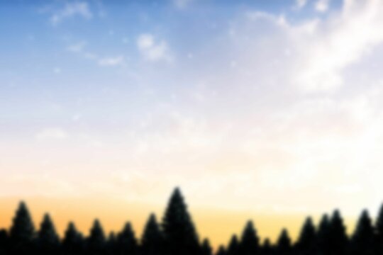 Fototapeta Silhouetted conifer tree line is stretching across horizon in flat vector art, gradient sky