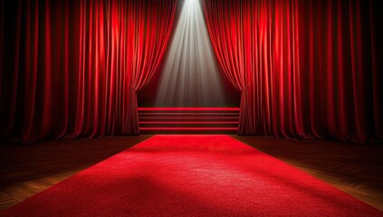Red carpet and curtain on stage with spotlight. Red velvet curtains with light shining through, empty room for event or award ceremony background.